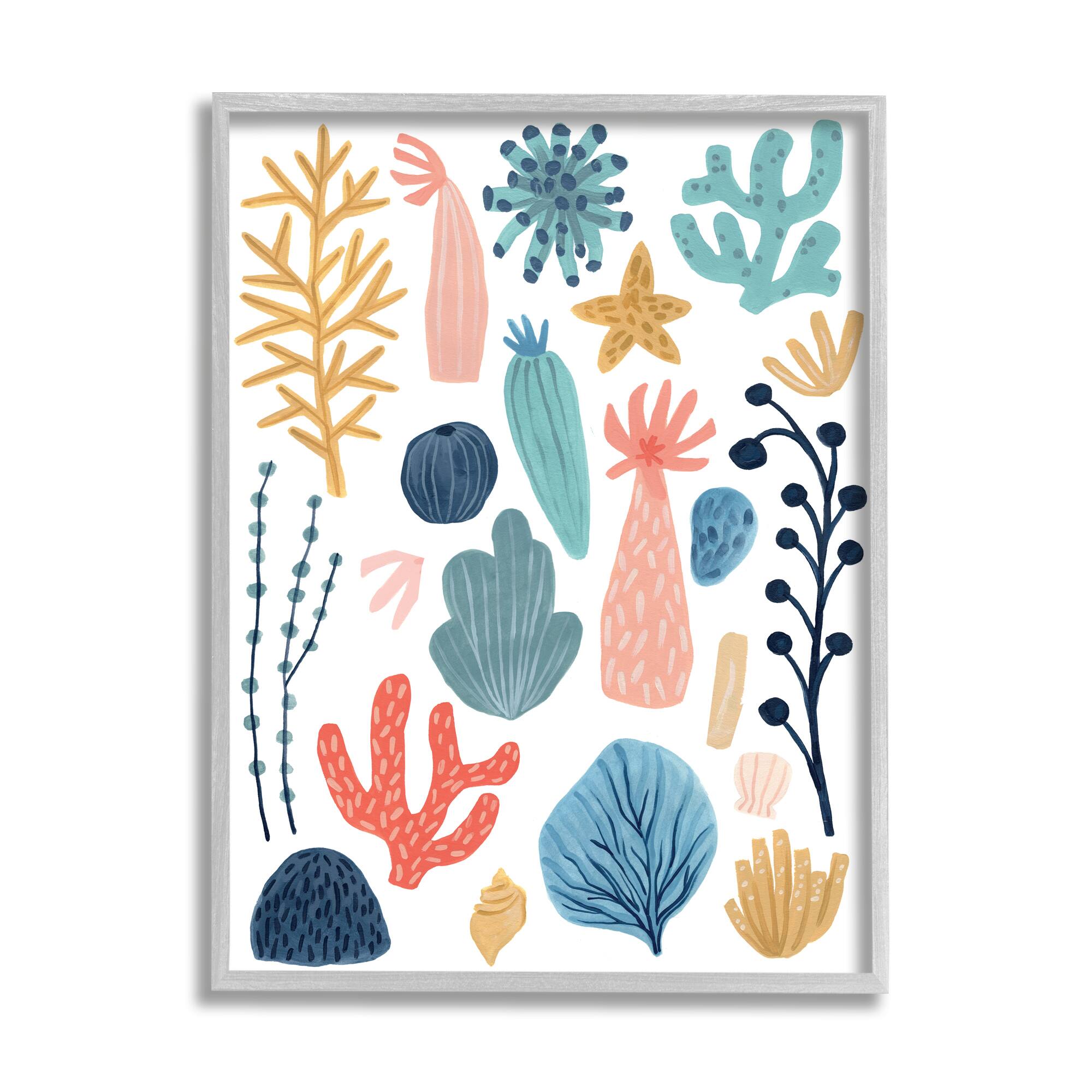 Stupell Industries Coral Reef Ocean Life Playful Pastel Sea Plants in Gray Frame Wall Art